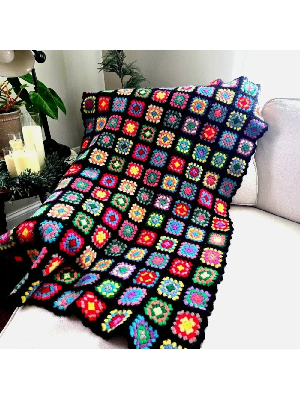 Vintage Crochet Granny Square Afghan Colorful Throw Banket